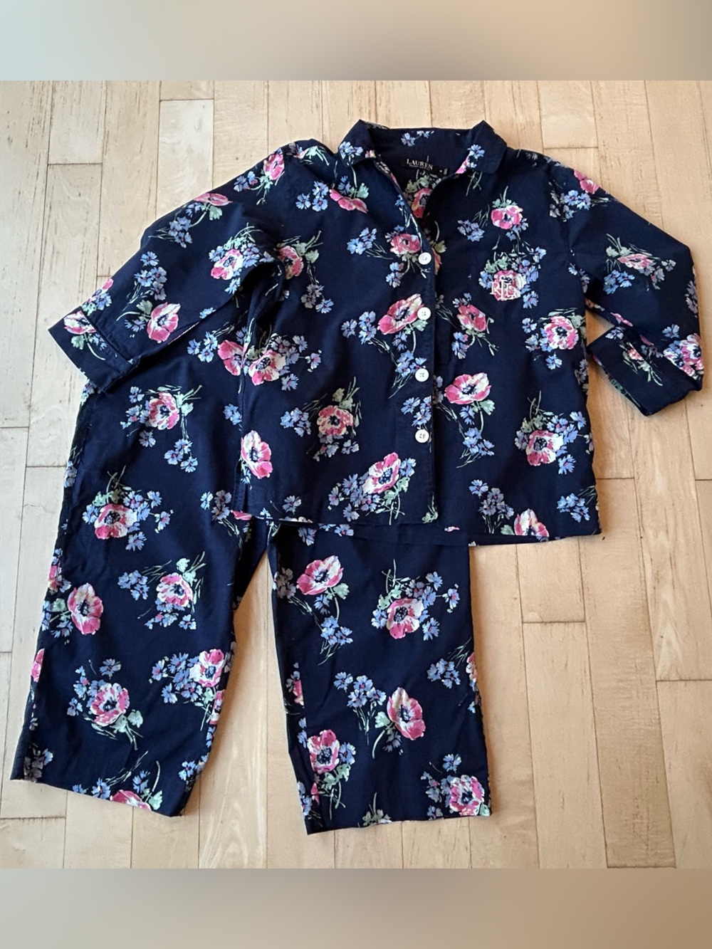 Lauren Ralph Lauren Navy/Pink Floral 100% Cotton Pajama Set Size Medium